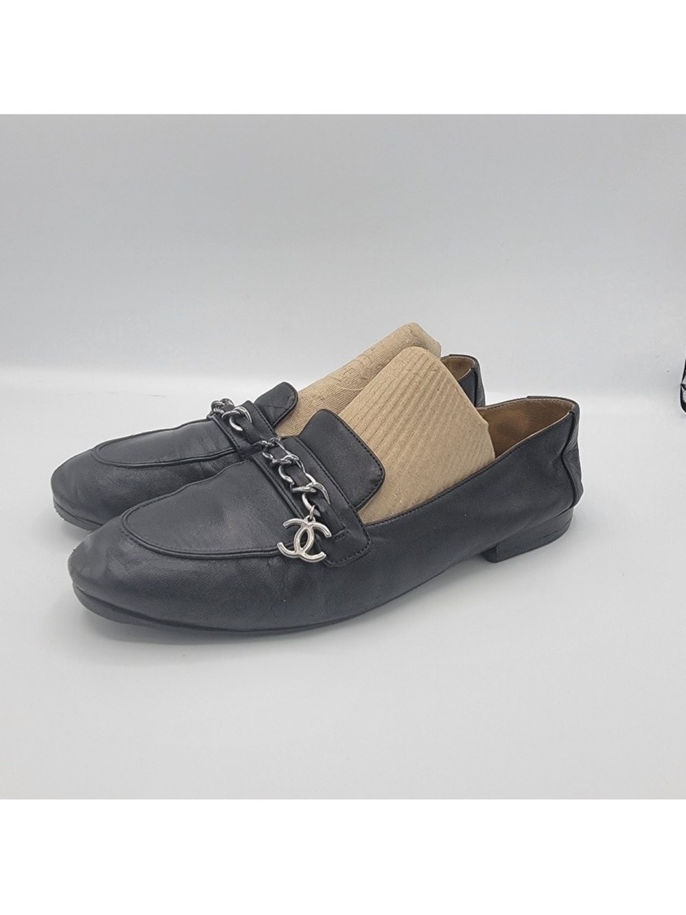CHANEL Black Loafers with Chain Accent (COA Included)